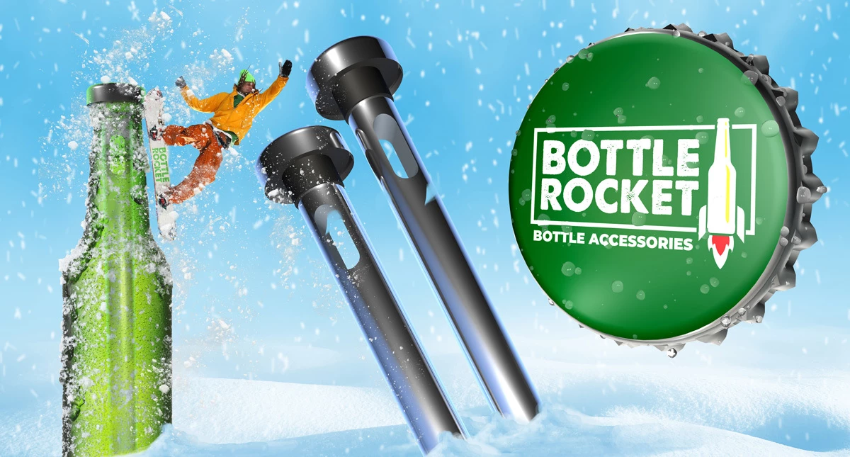 Bottle Rocket bottle accessories ad: snowboarder jumping beside a green bottle with chrome bottle-stopper tools