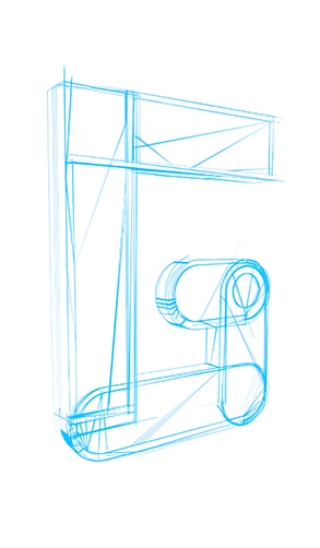 Blue wireframe line sketch of a mechanical machine frame with a cylindrical roller or drum component