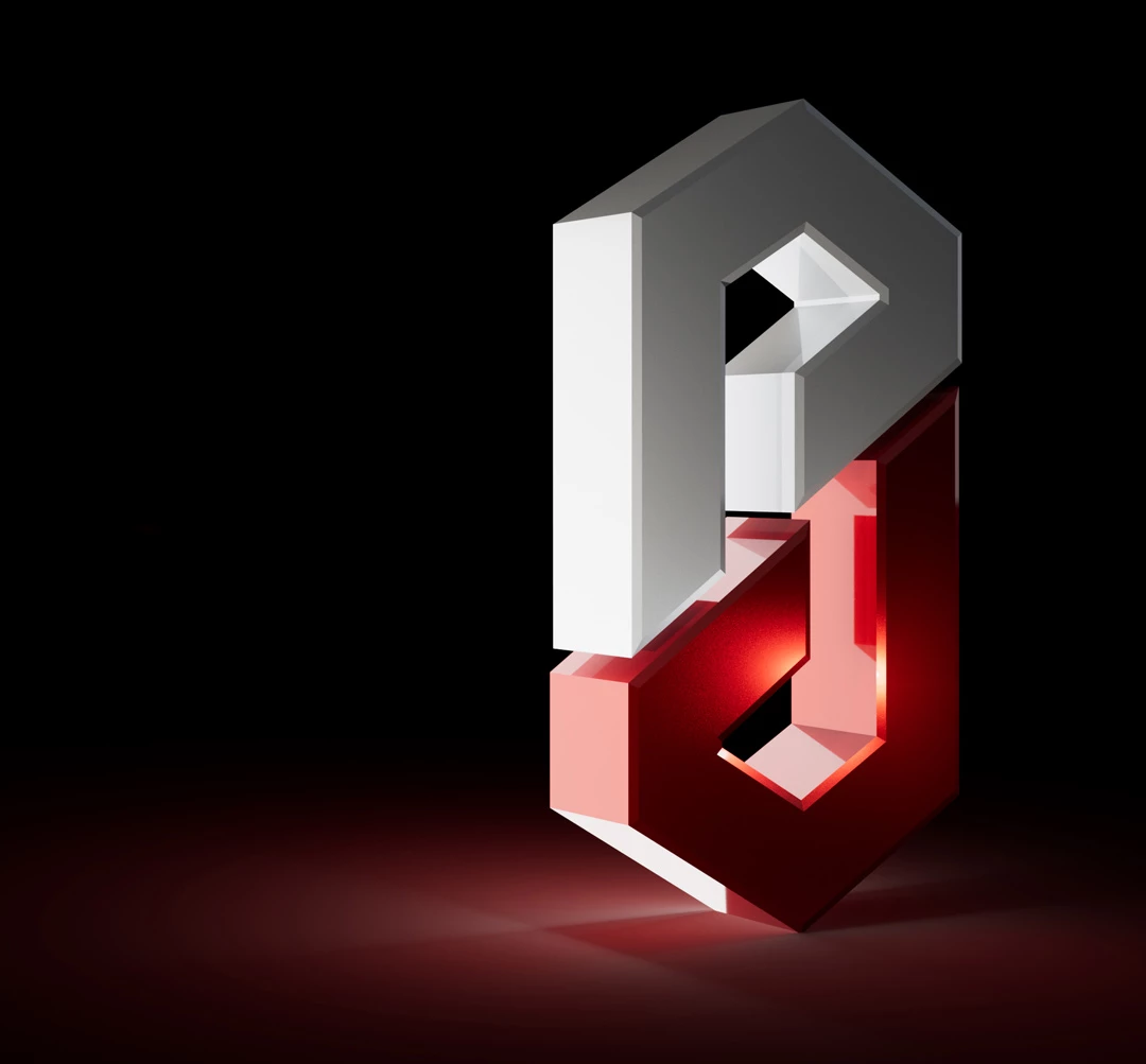 Abstract 3D letterform mark stacked in silver-white and glossy red with a glowing red edge, dark studio background