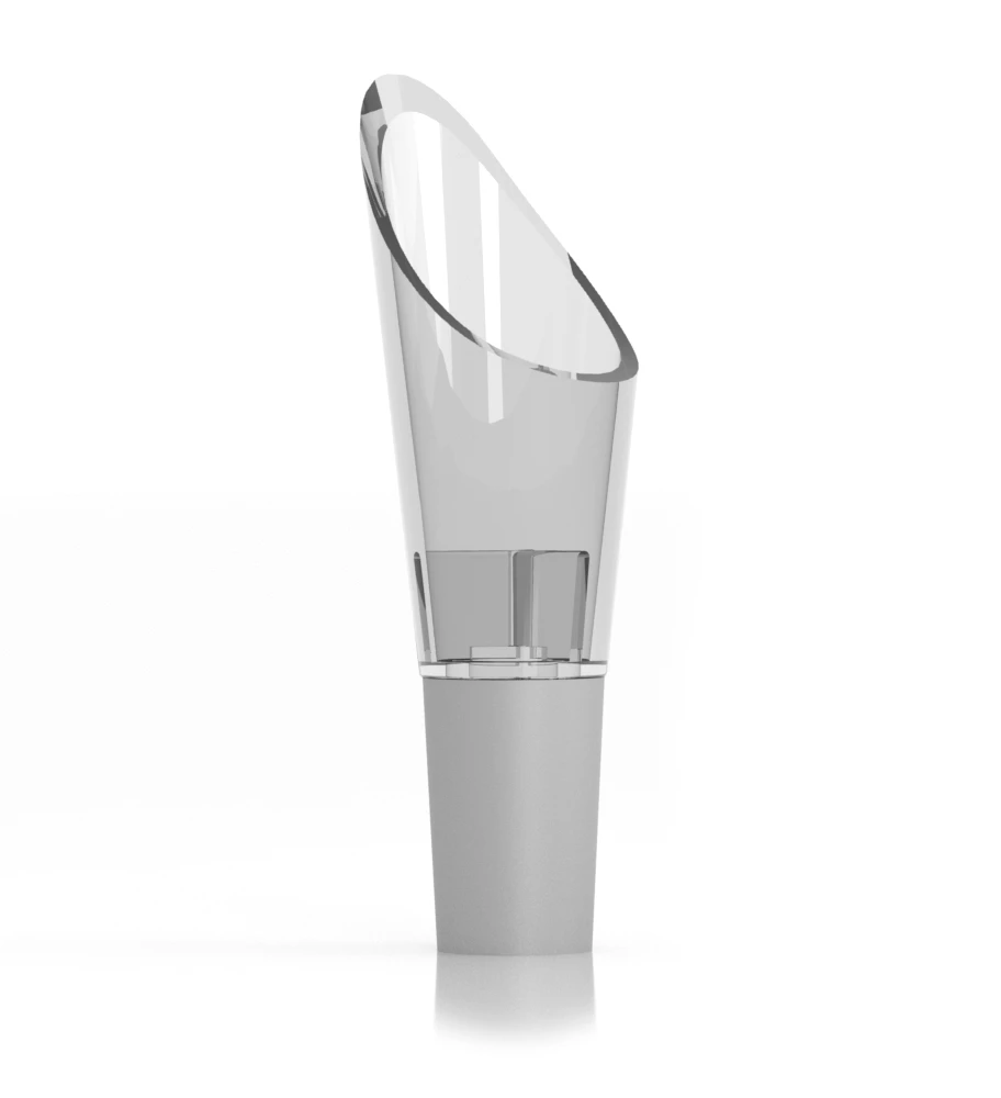 Clear acrylic wine aerator pourer with angled spout and gray base, product shot on white background, studio product photo