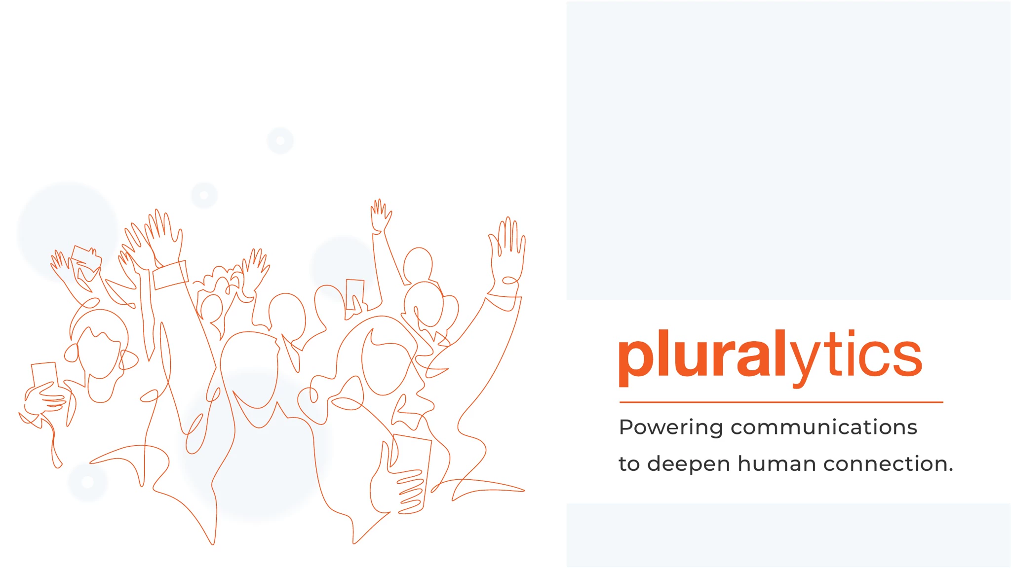 Pluralytics logo lockup with orange continuous-line illustration of a cheering crowd with raised hands and phones