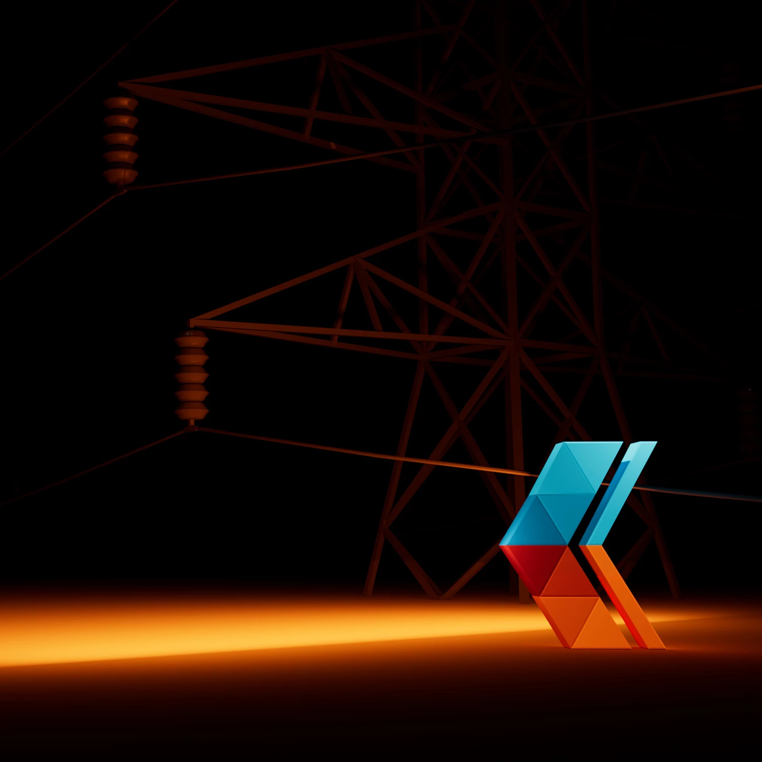 Abstract 3D geometric logo mark in blue, red, and orange glowing against a dark electrical transmission tower