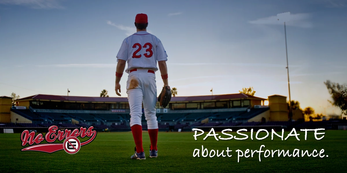 Baseball player in red-and-white #23 uniform walking away on a sunset ballfield, No Errors logo bottom-left