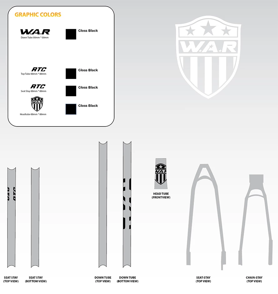 Bike frame decal spec sheet for WAR brand: W.A.R. down tube and RTC top/seat stay graphics in gloss black