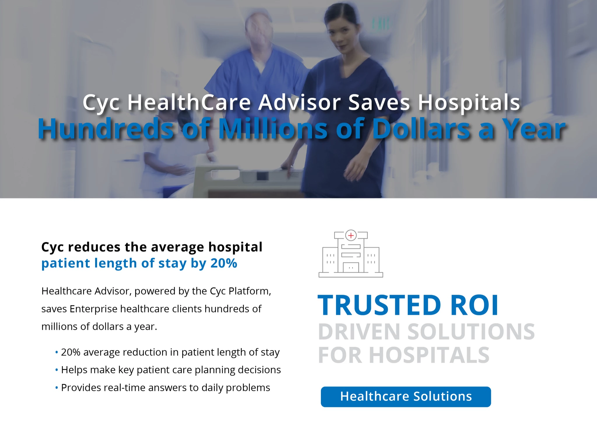 Cyc HealthCare Advisor hospital ad with two clinicians in a hospital corridor