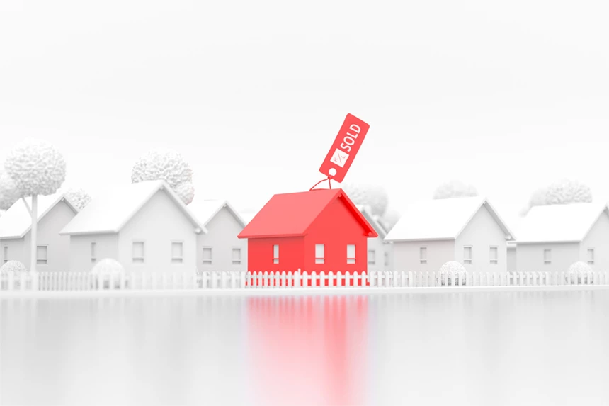 Single red 3D house with a red SOLD price tag hanging from its roof, surrounded by white and gray neighboring houses