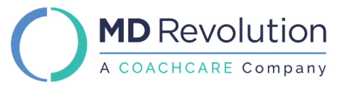 MD Revolution logo with split blue and teal circular mark, navy wordmark, and "A COACHCARE Company" tagline