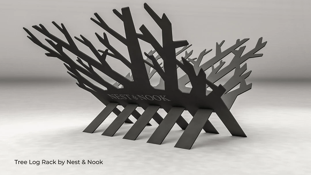 Black tree-branch log rack by Nest & Nook on a light gray studio background, with the caption "Tree Log Rack by Nest & Nook"