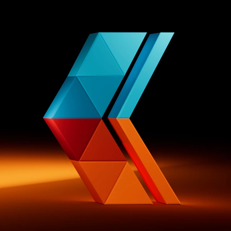 Abstract 3D geometric sculpture of stacked teal, red, and orange triangular and parallelogram blocks forming a chevron shape