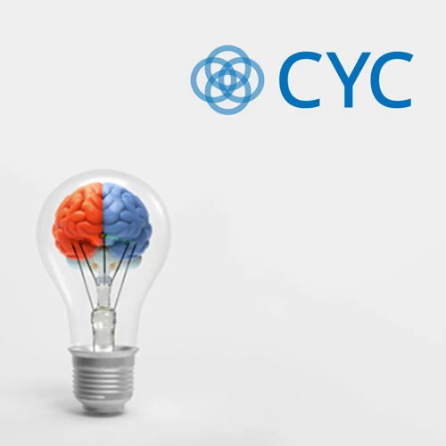 Light bulb with a red-and-blue 3D brain inside on a light gray background, CYC logo in top right