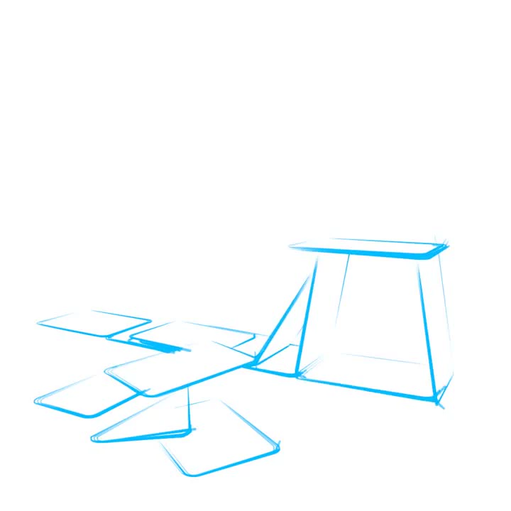 Blue line-drawing sketch of a tall rectangular table with scattered flat square tiles or panels on the floor