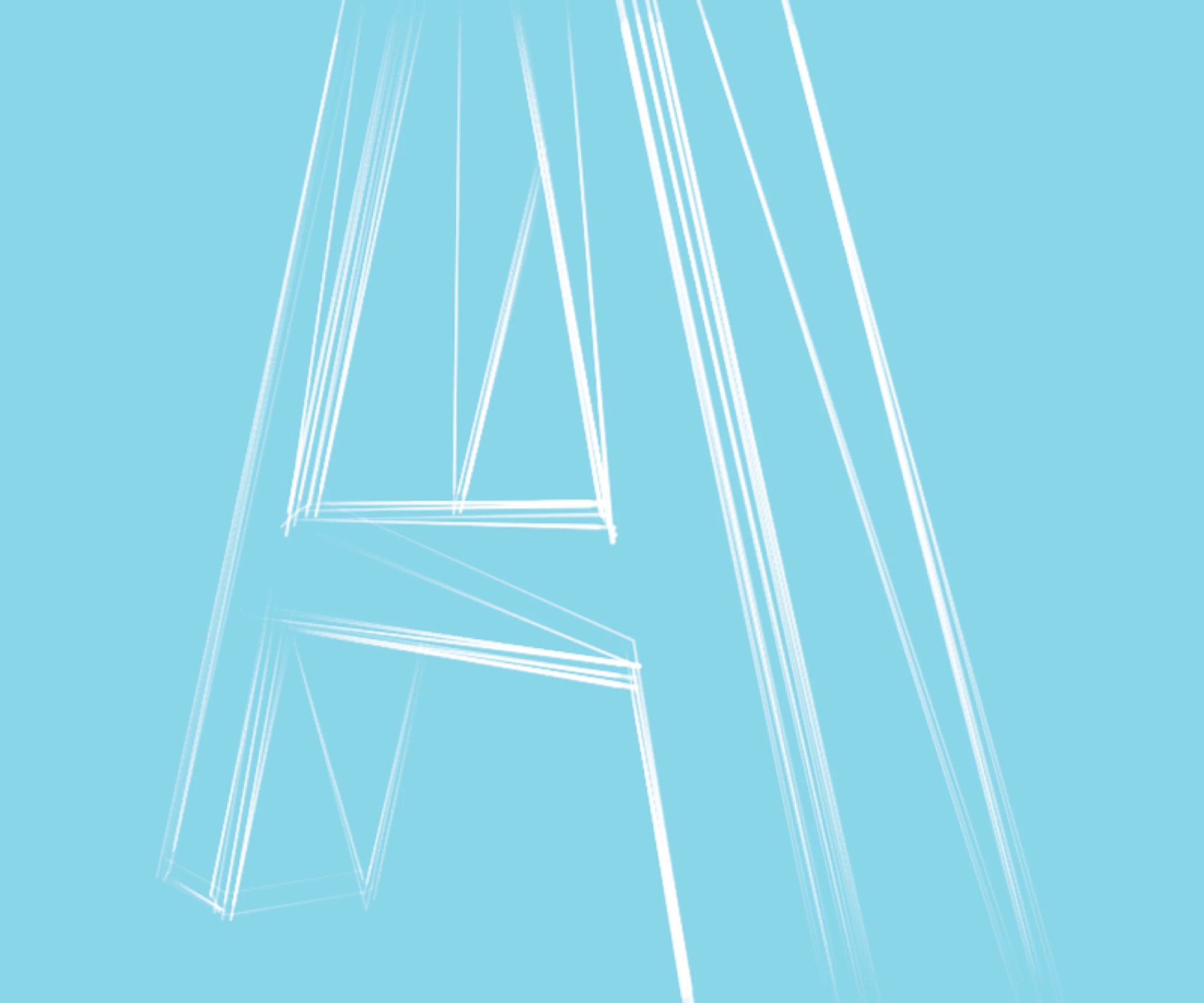Large white wireframe outline of the letter "A" with multiple overlapping stroke lines on a light sky-blue background
