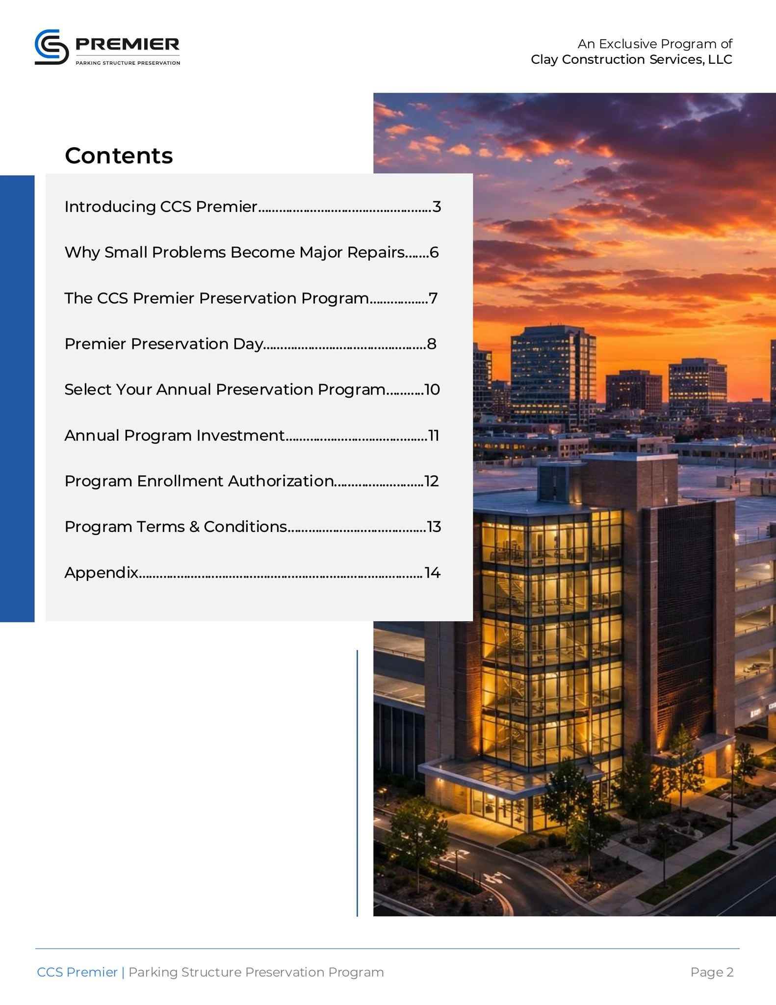 CCS Premier parking structure preservation brochure contents page