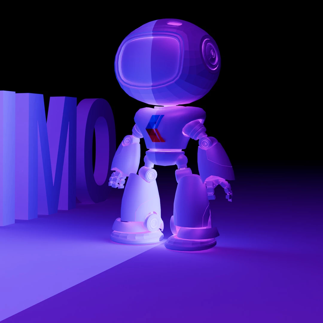 Cute 3D rendered robot mascot with a glowing visor face, standing in front of large purple 3D block letters partially