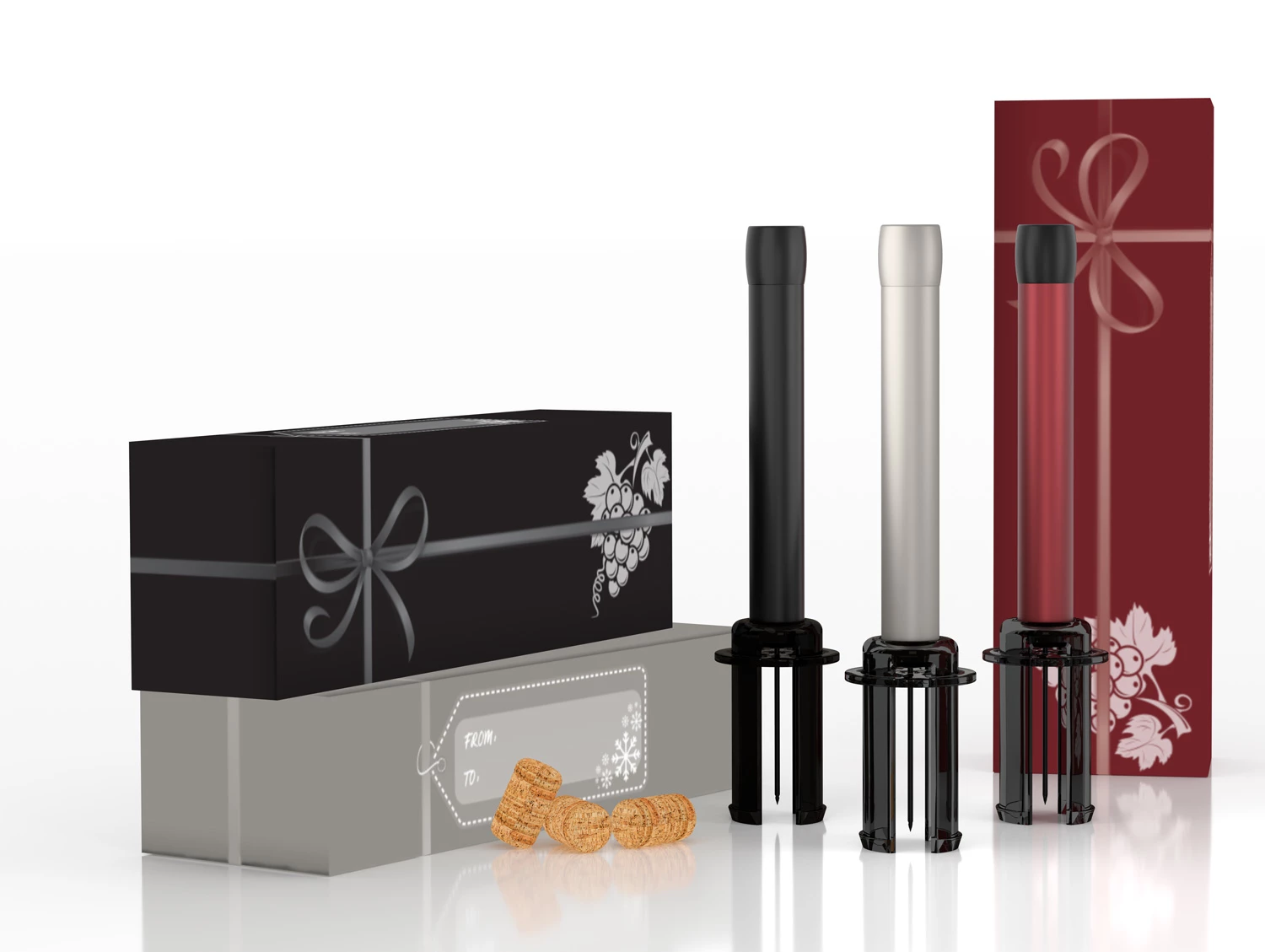 Three wine opener tools in black, silver, and red with corks, shown beside black, gray