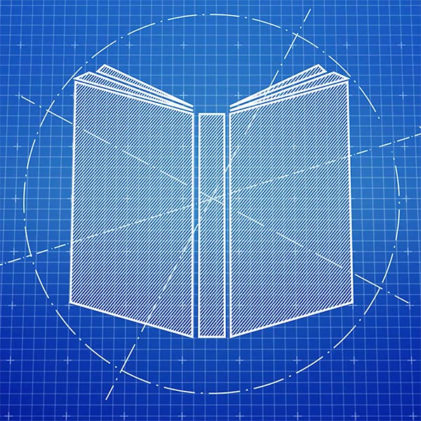 Open book icon drawn as white line-art blueprint on blue grid background, with dash-dot circular construction guides