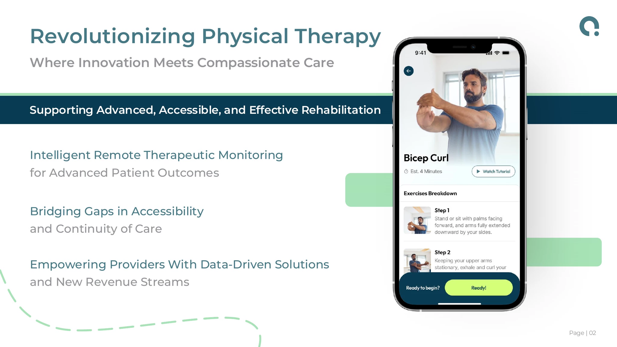 Revolutionizing Physical Therapy slide with phone mockup showing Bicep Curl exercise app