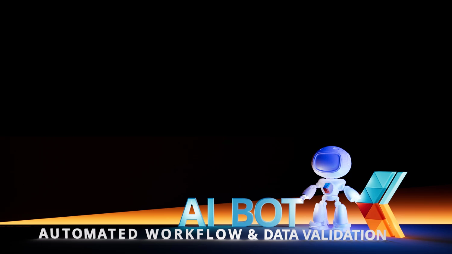 AI bot robot mascot beside a glowing check mark on a black background