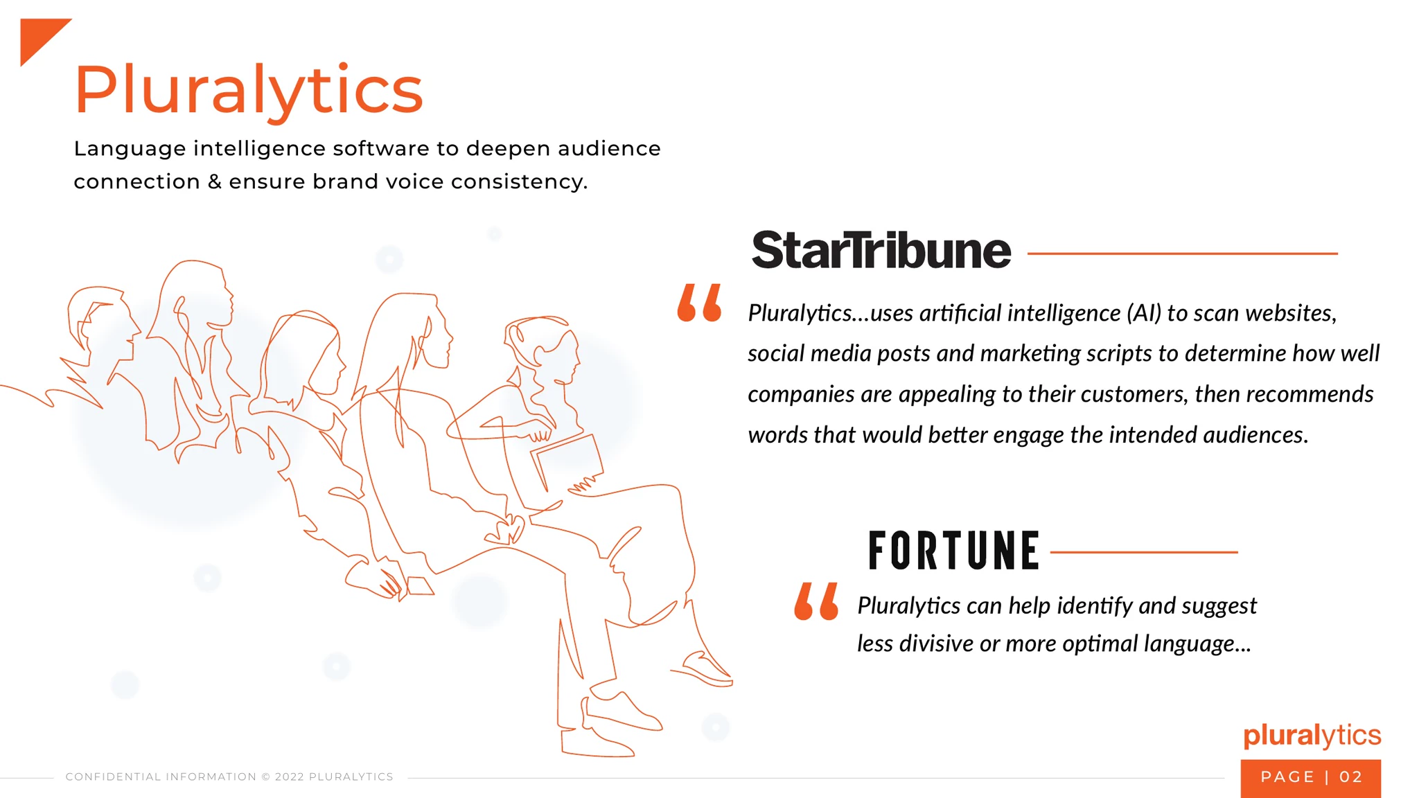 Pluralytics slide page 2 with orange headline "Pluralytics", tagline "Language intelligence software to deepen audience