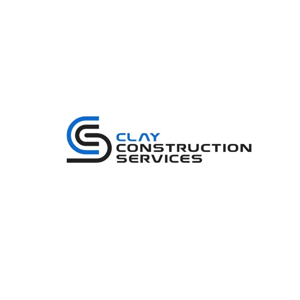 Clay Construction Services logo, blue and black interlocking CS monogram with stacked wordmark, white background