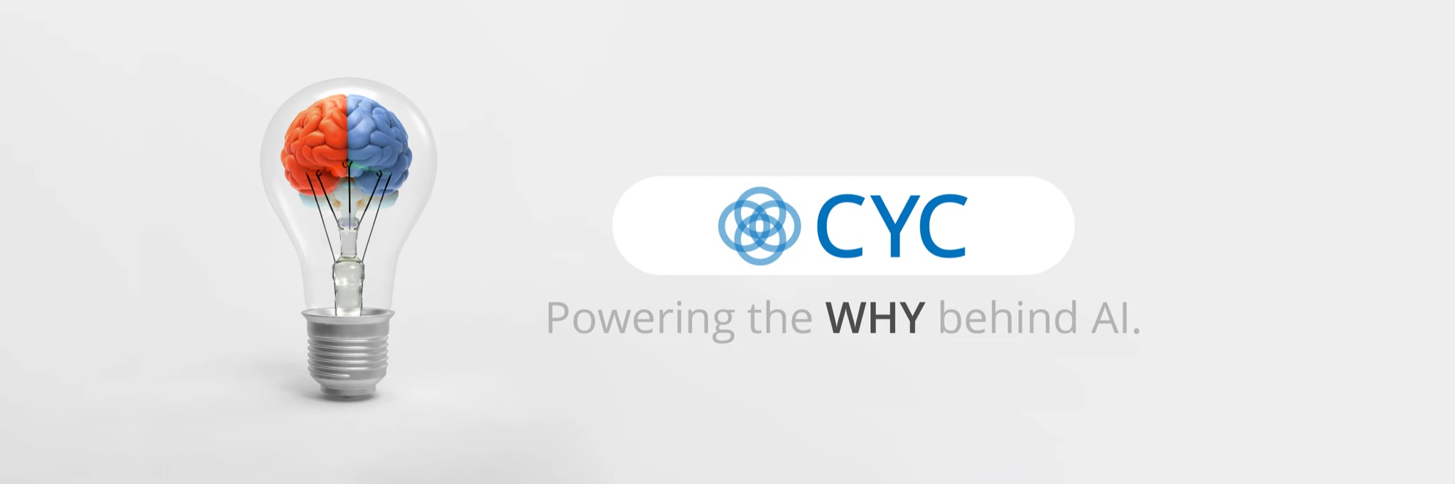 CYC logo banner with a glass lightbulb containing a red and blue brain on the left, headline "Powering the WHY behind AI."