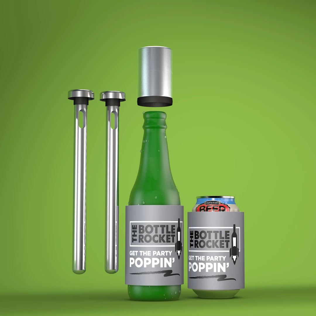 Bottle Rocket chilling sticks and gray can and bottle koozies on green background
