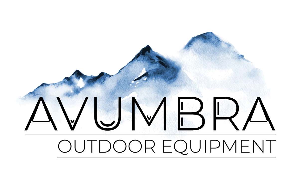 Avumbra Outdoor Equipment logo with watercolor blue mountain range above black sans-serif wordmark