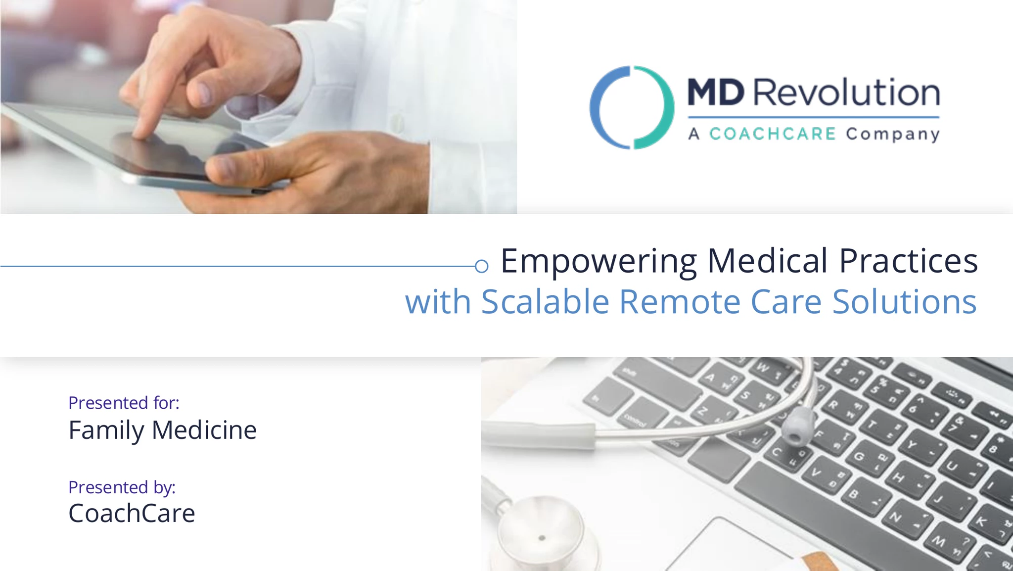 MD Revolution title slide for Family Medicine presented by CoachCare, doctor in white coat touching tablet