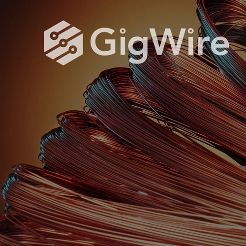 GigWire logo in white over close-up of coiled copper wire on a warm amber-brown gradient, brand logo overlay
