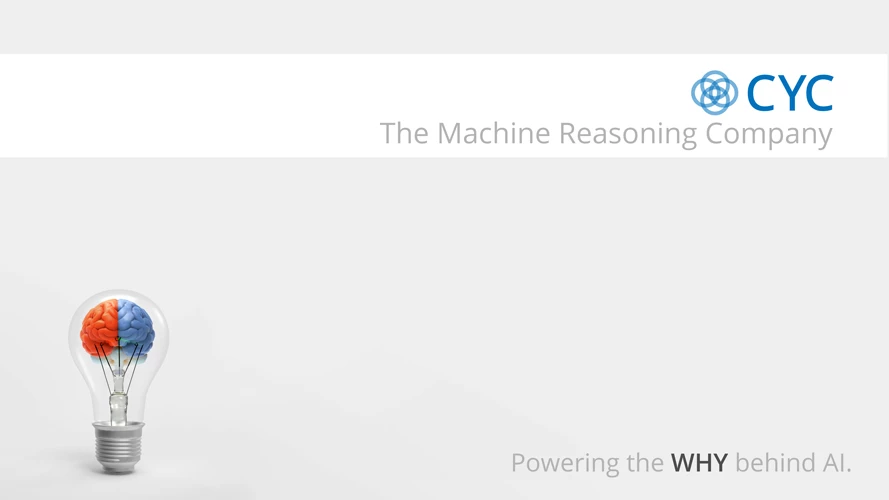 CYC 'The Machine Reasoning Company' slide with a glass lightbulb containing a red and blue brain