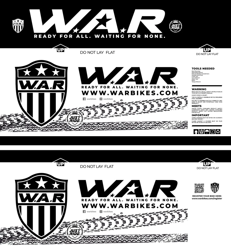 WAR bikes shipping carton print layout, black and white, with WAR shield logo, headline "READY FOR ALL. WAITING FOR NONE."