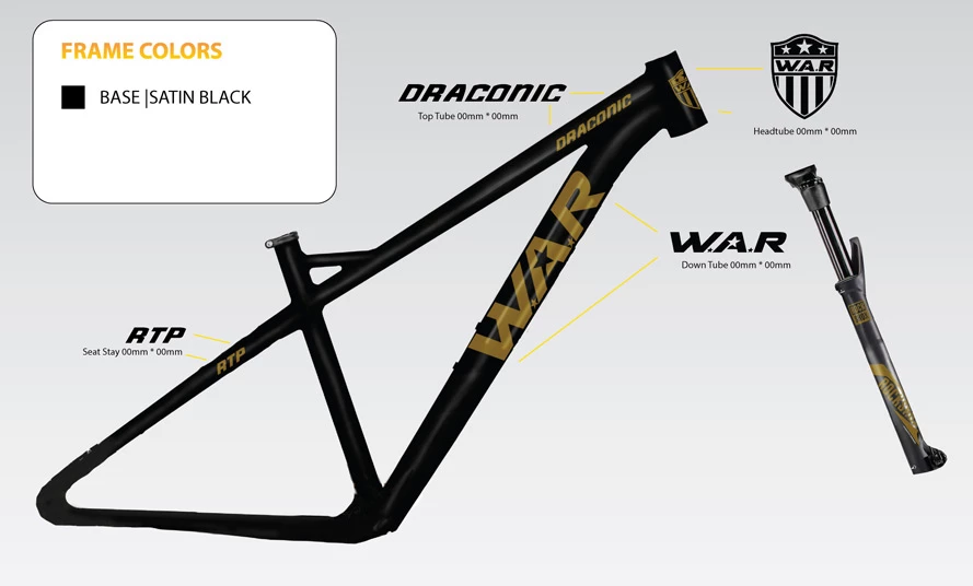 Satin black bike frame with gold W.A.R and DRACONIC branding, labeled diagram showing top tube, down tube, headtube