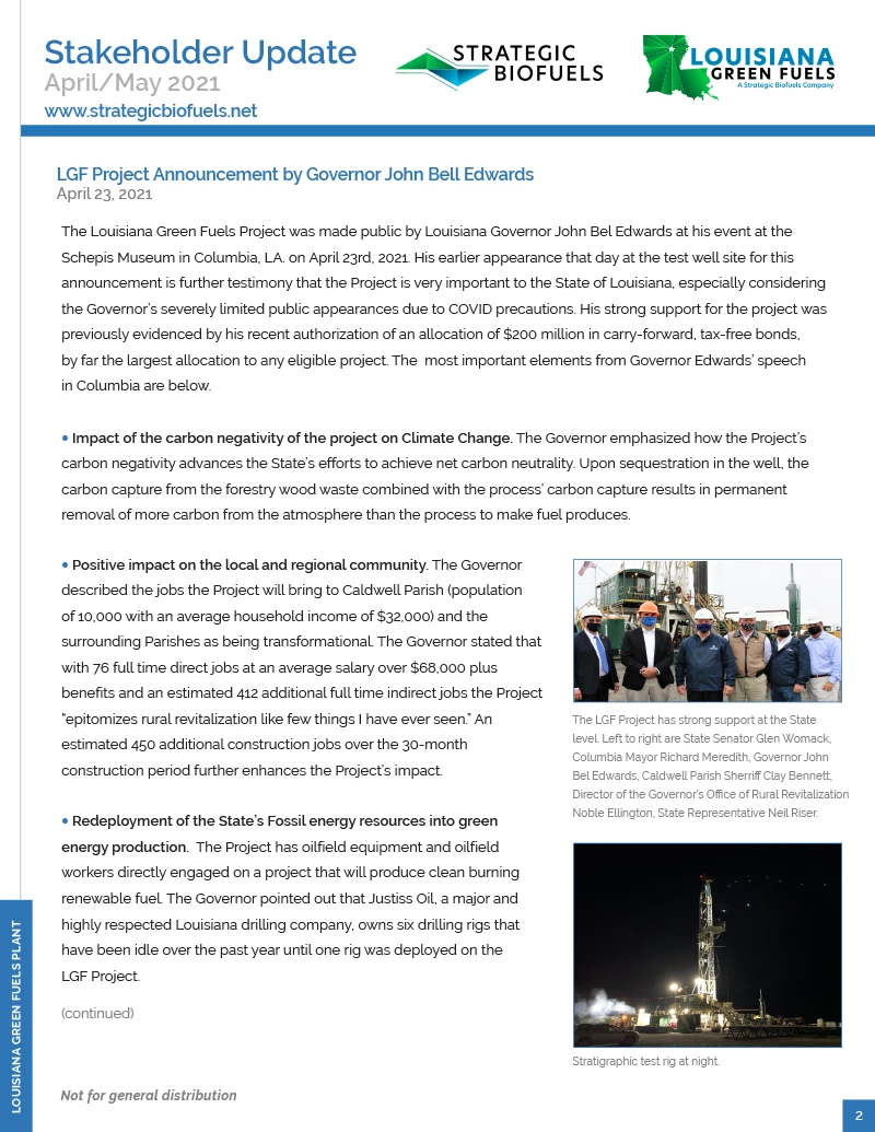 Stakeholder Update newsletter page, April/May 2021, Louisiana Green Fuels project announcement by Governor John Bel Edwards