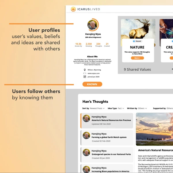 Icarus Lived app screenshot with user profile card for Hansjörg Wyss, Nature value card with elk image