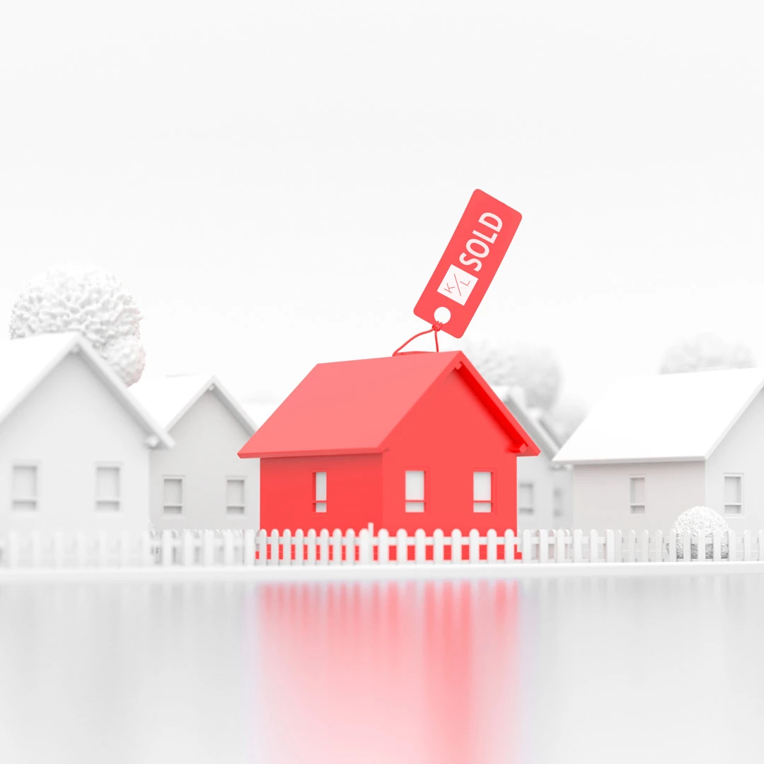 Red 3D model house with a red SOLD price tag hanging from the roof on a grey neighborhood with white houses