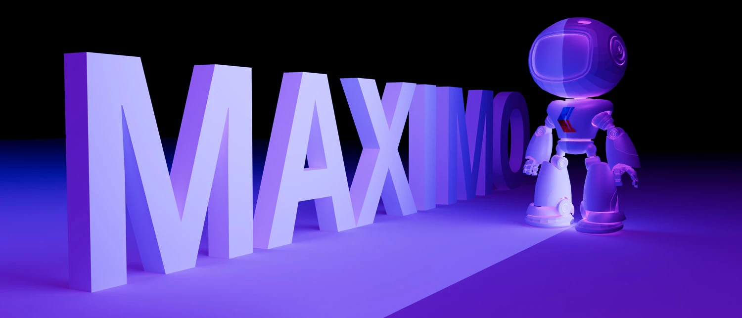 3D render of a small cartoon robot beside large extruded purple 3D letters spelling "MAXIMO"