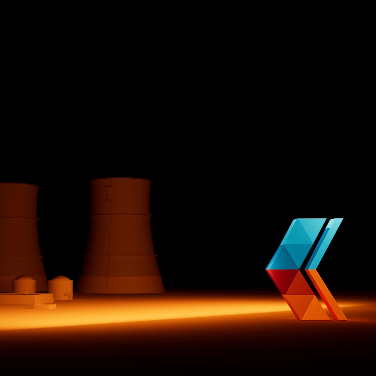 3D geometric chevron logo in cyan, red and orange beside two nuclear-style cooling towers on a dark floor lit by a warm