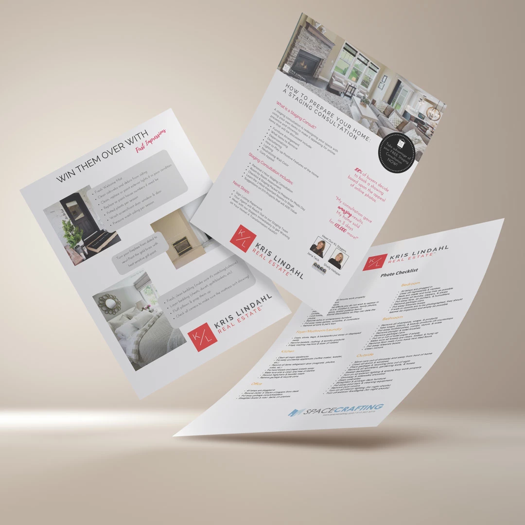 Three real estate marketing flyers floating on a beige backdrop mockup: 'Win Them Over With Fresh Impressions' tips sheet