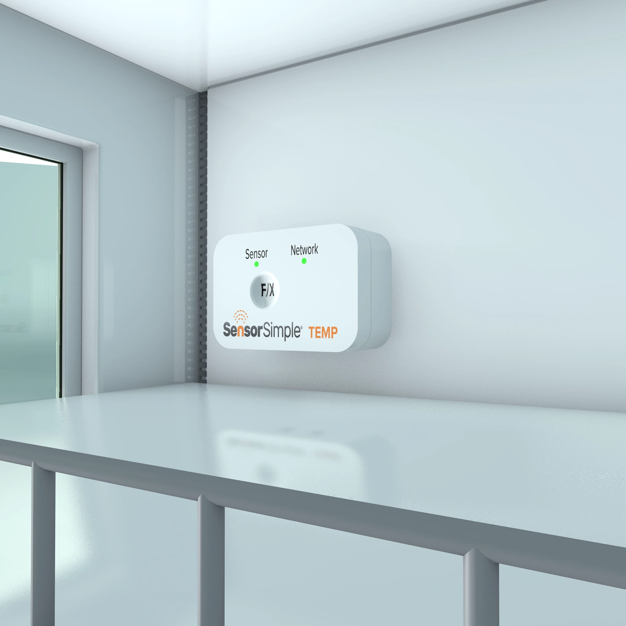 SensorSimple TEMP wireless temperature sensor mounted on a wall in a cold storage room