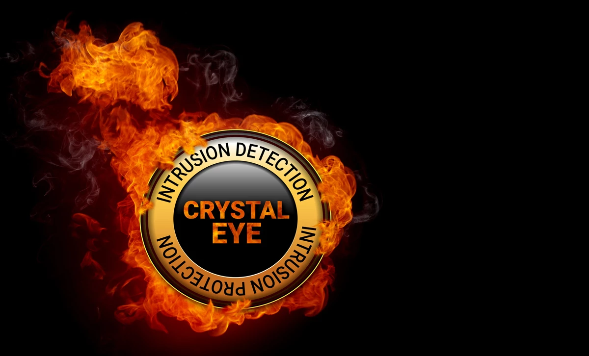 Crystal Eye intrusion detection badge engulfed in flames on black background