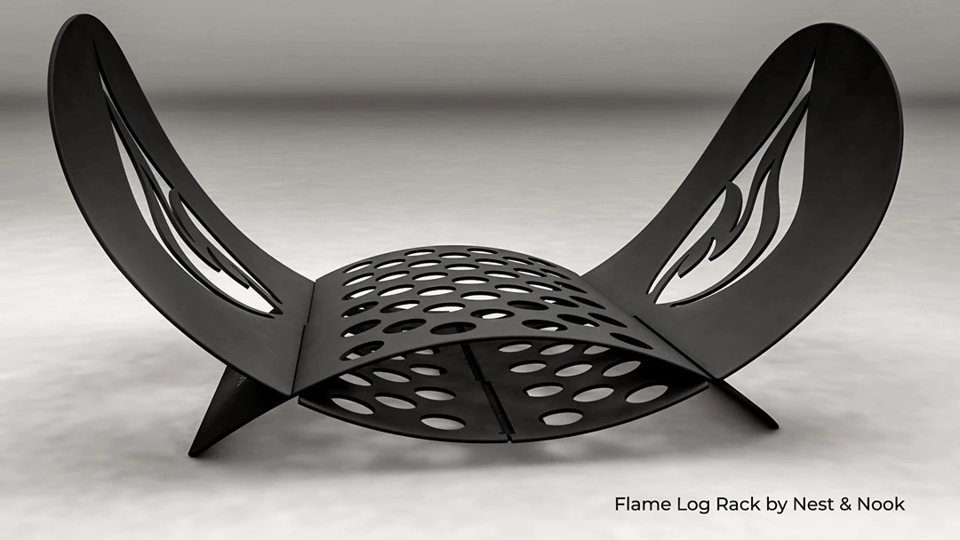 Black steel flame log rack with flame-cutout side panels and perforated oval-hole base
