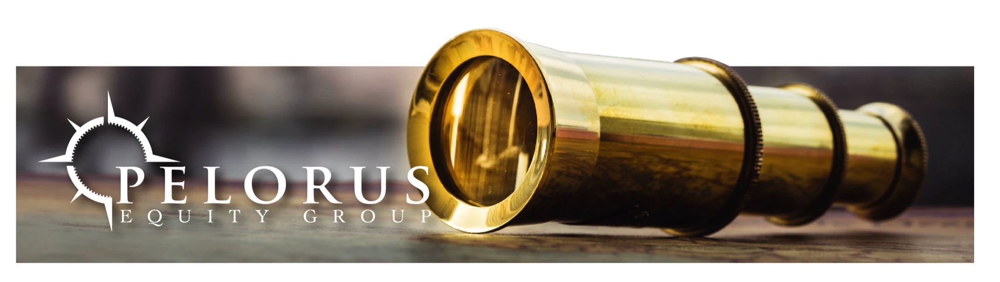 Pelorus Equity Group logo banner with a brass telescope lying on a wooden table